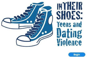 Illustration of blue high top sneakers with the title In Their Shoes: Teens and Dating Violence in large blue font.